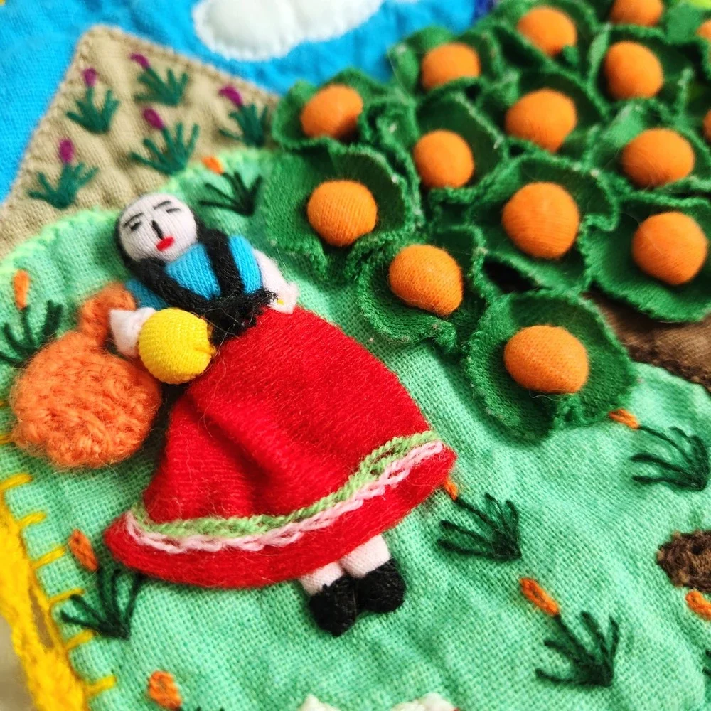 Peruvian Folk Art Tapestry Embroidered Orange Tree Wall Hanging‎ Landscape